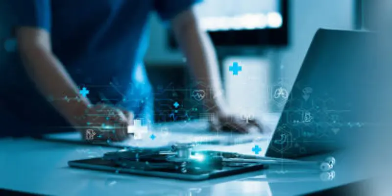 A Laptop With Healthcare Ai Visuals Healthcare AI Combine Visual